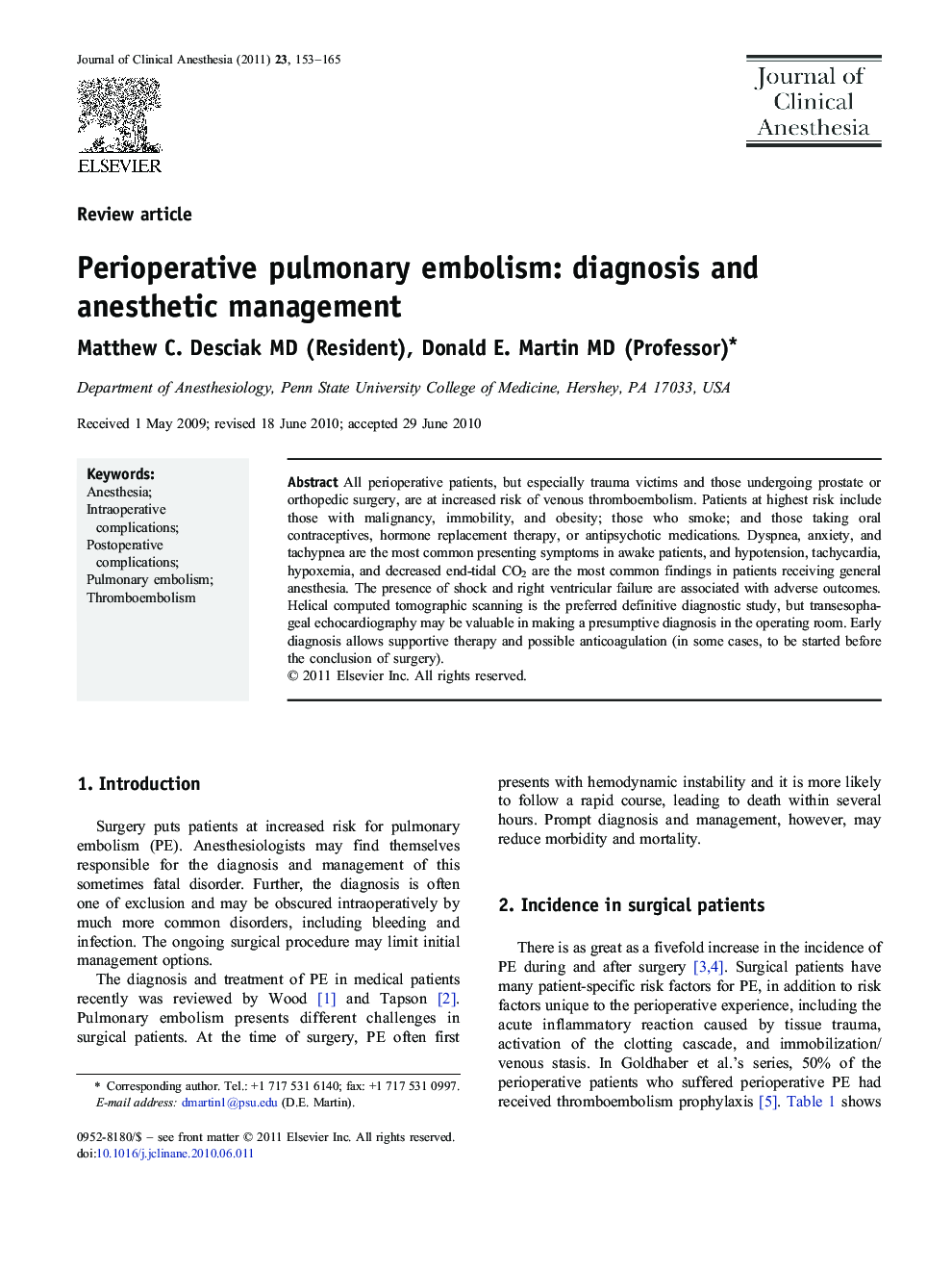 Perioperative pulmonary embolism: diagnosis and anesthetic management