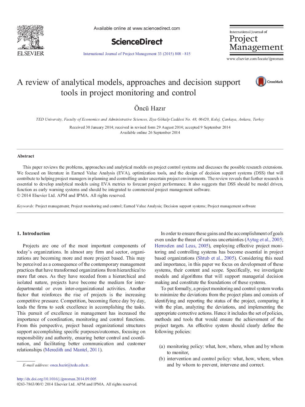 A review of analytical models, approaches and decision support tools in project monitoring and control