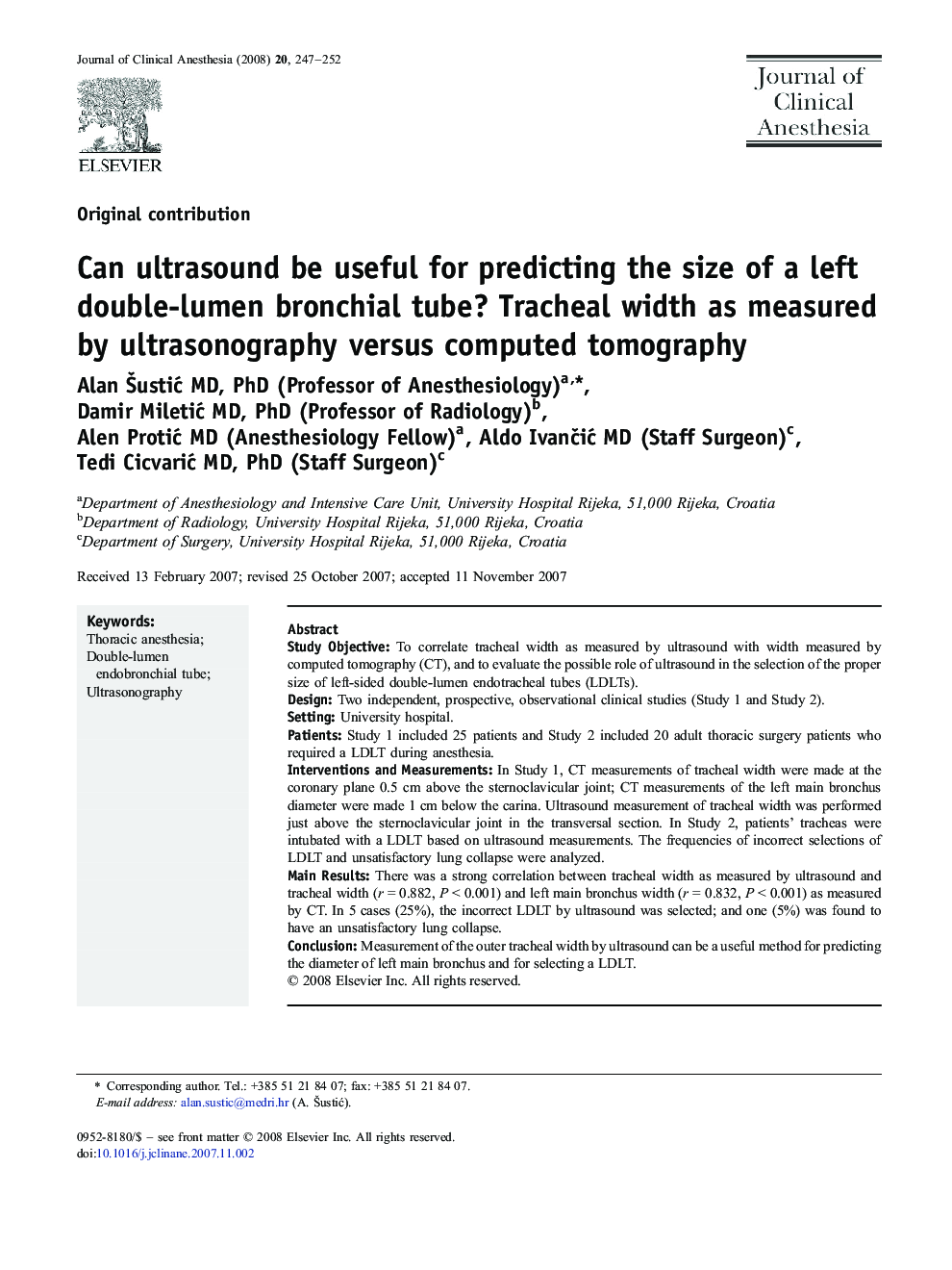 Can ultrasound be useful for predicting the size of a left double-lumen bronchial tube? Tracheal width as measured by ultrasonography versus computed tomography