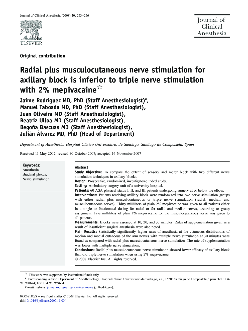 Radial plus musculocutaneous nerve stimulation for axillary block is inferior to triple nerve stimulation with 2% mepivacaine 