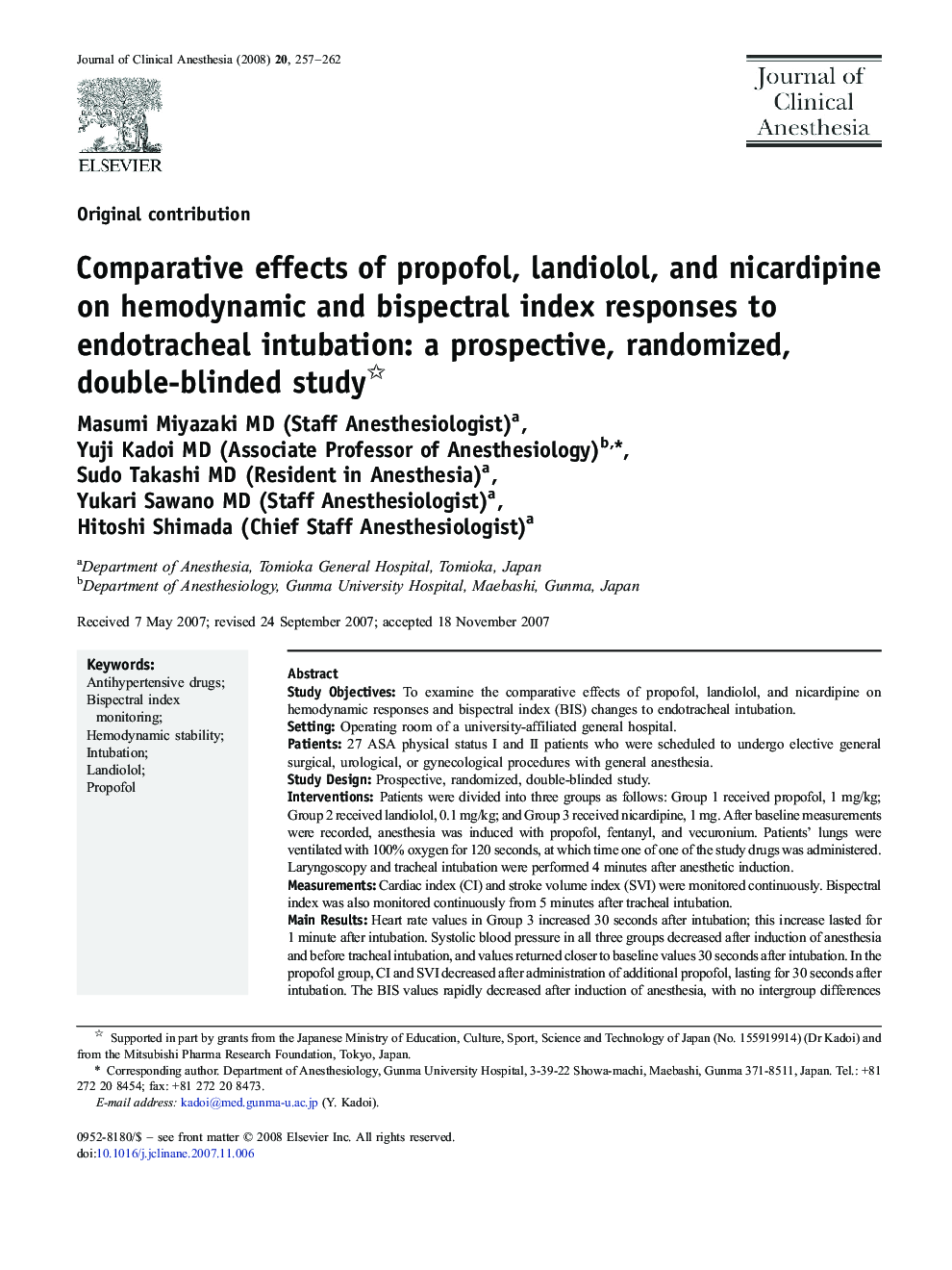 Comparative effects of propofol, landiolol, and nicardipine on hemodynamic and bispectral index responses to endotracheal intubation: a prospective, randomized, double-blinded study 