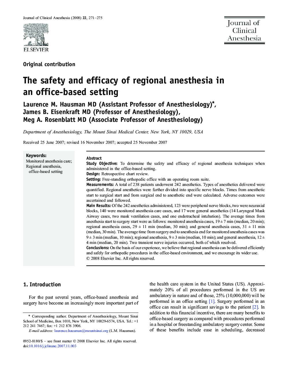 The safety and efficacy of regional anesthesia in an office-based setting