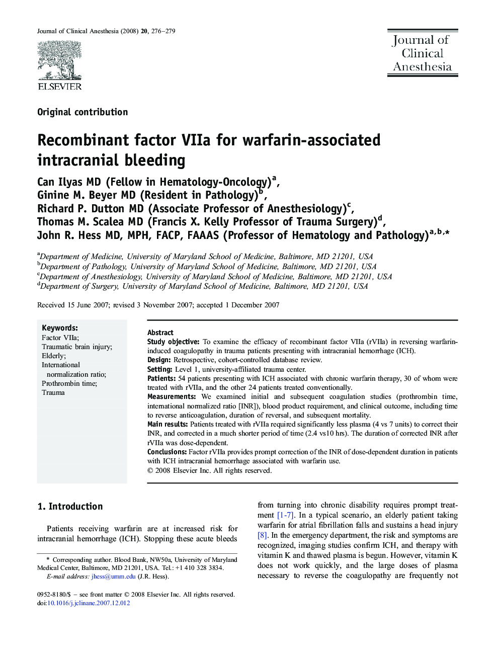 Recombinant factor VIIa for warfarin-associated intracranial bleeding