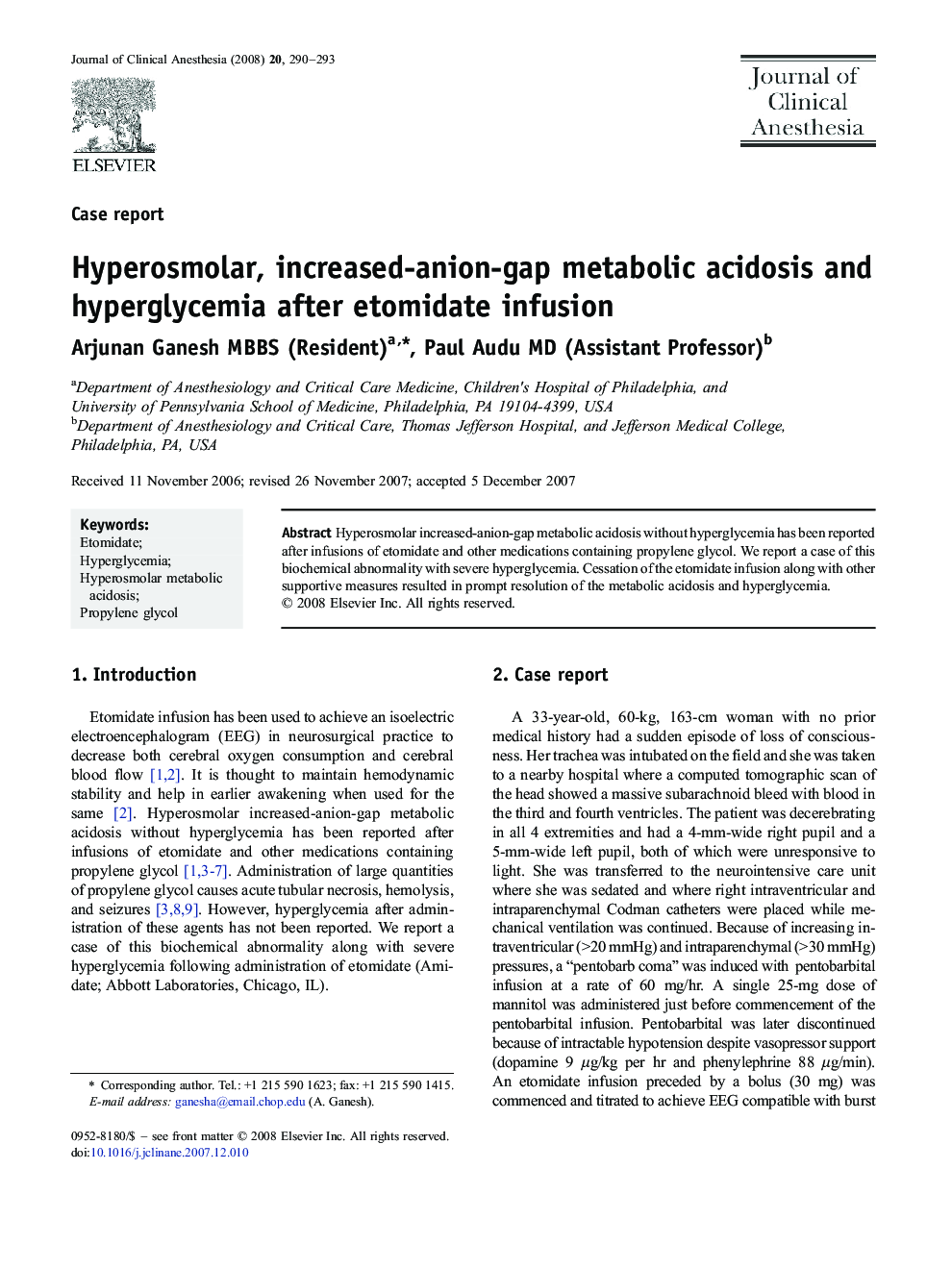 Hyperosmolar, increased-anion-gap metabolic acidosis and hyperglycemia after etomidate infusion