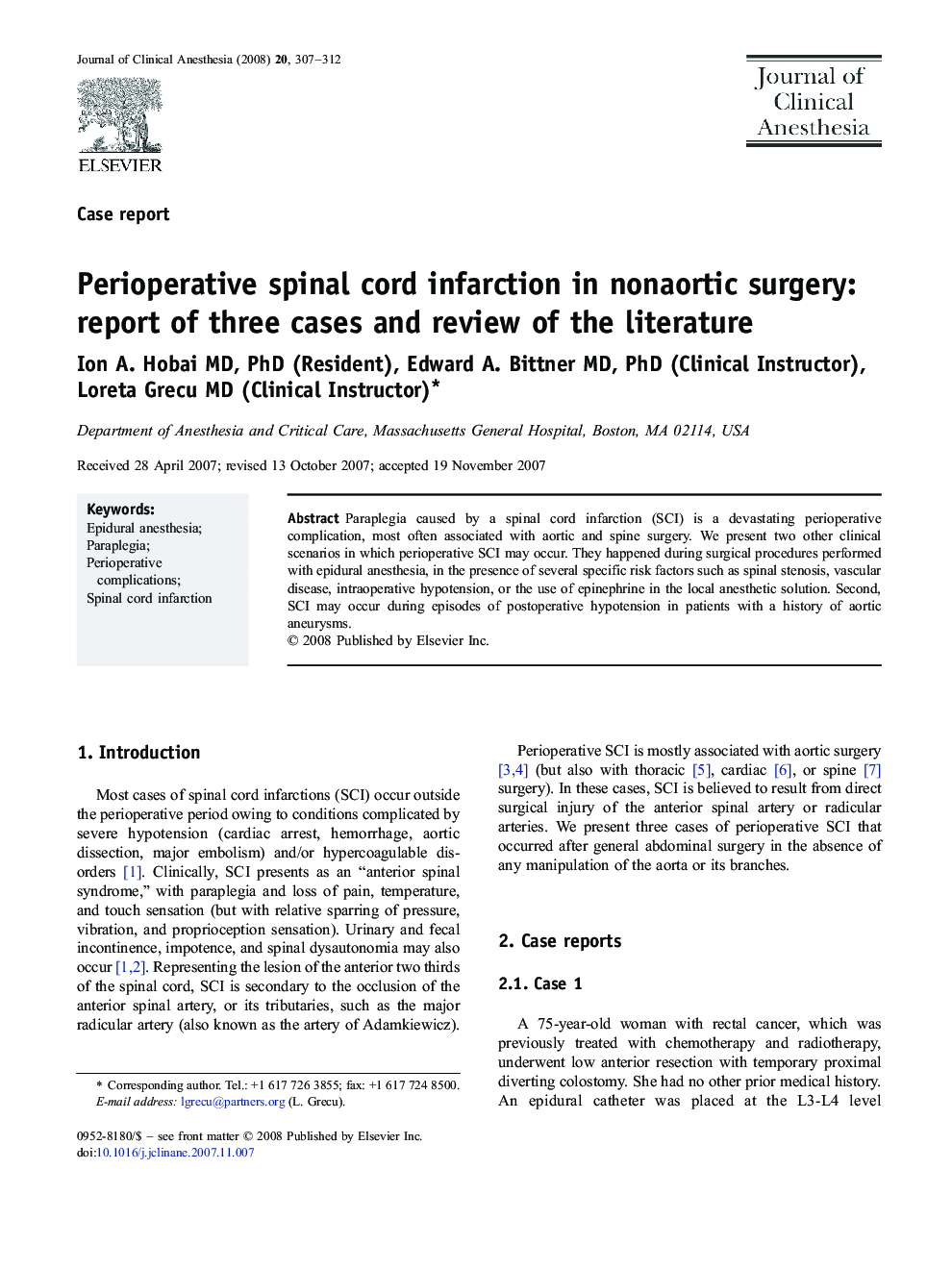 Perioperative spinal cord infarction in nonaortic surgery: report of three cases and review of the literature