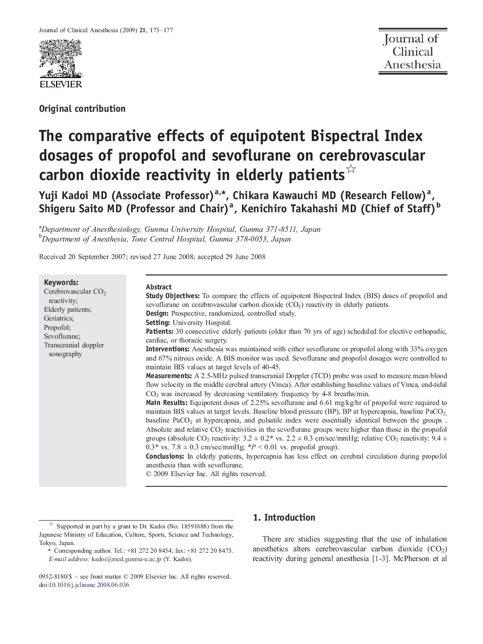 The comparative effects of equipotent Bispectral Index dosages of propofol and sevoflurane on cerebrovascular carbon dioxide reactivity in elderly patients 