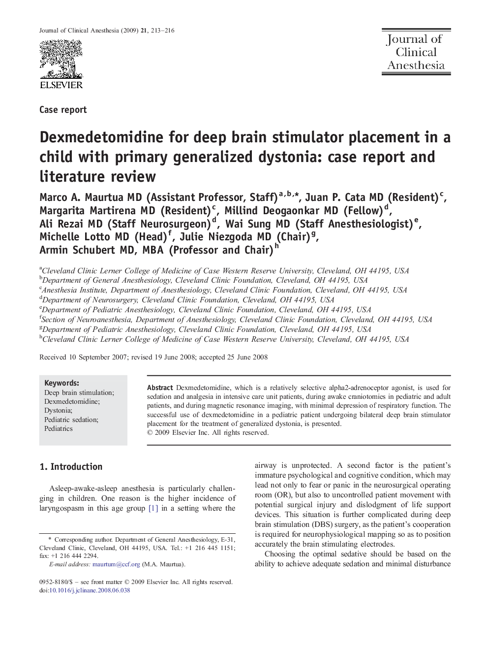 Dexmedetomidine for deep brain stimulator placement in a child with primary generalized dystonia: case report and literature review