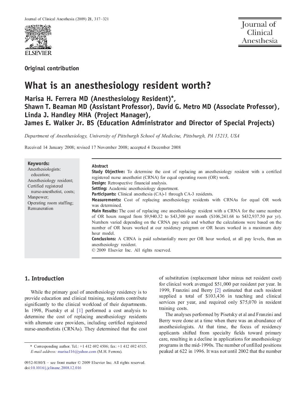 What is an anesthesiology resident worth?