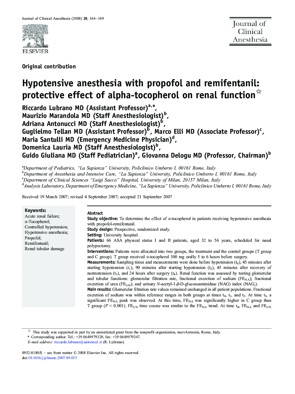 Hypotensive anesthesia with propofol and remifentanil: protective effect of alpha-tocopherol on renal function