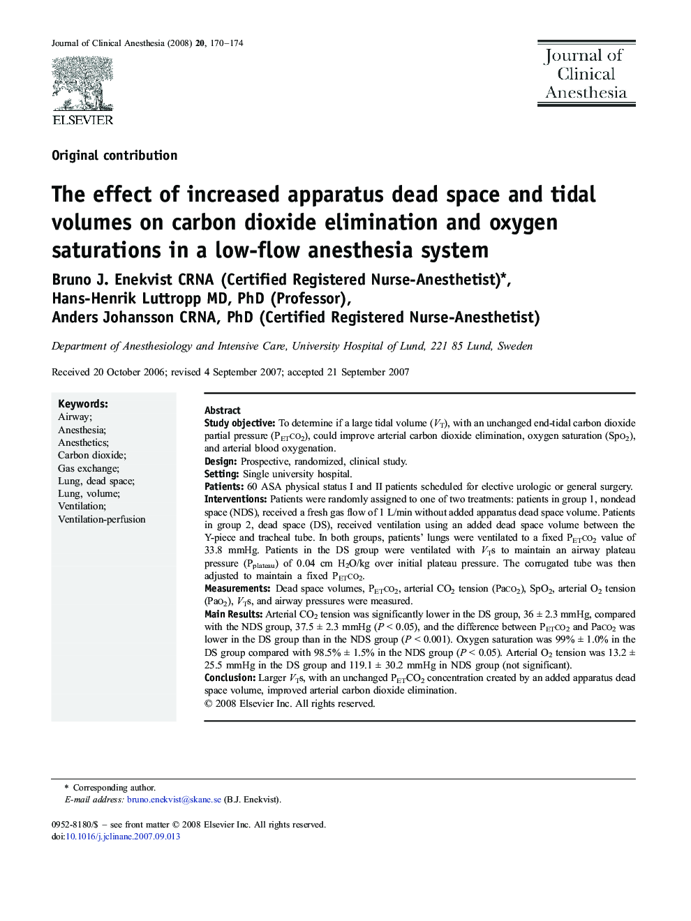 The effect of increased apparatus dead space and tidal volumes on carbon dioxide elimination and oxygen saturations in a low-flow anesthesia system
