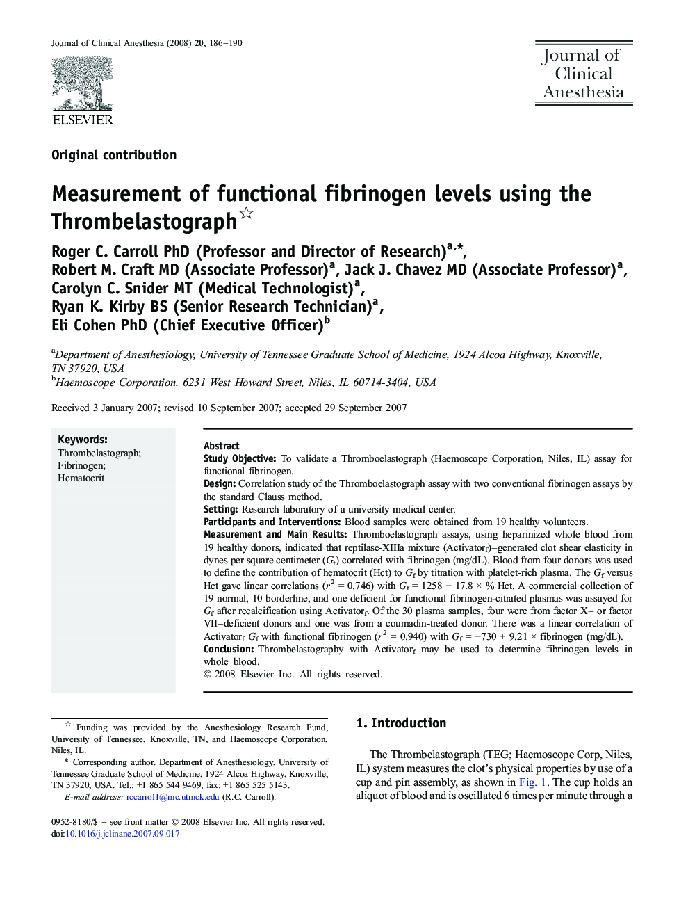 Measurement of functional fibrinogen levels using the Thrombelastograph 