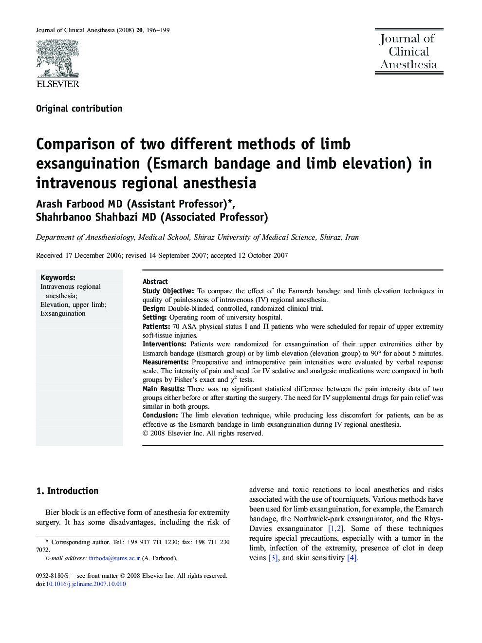 Comparison of two different methods of limb exsanguination (Esmarch bandage and limb elevation) in intravenous regional anesthesia