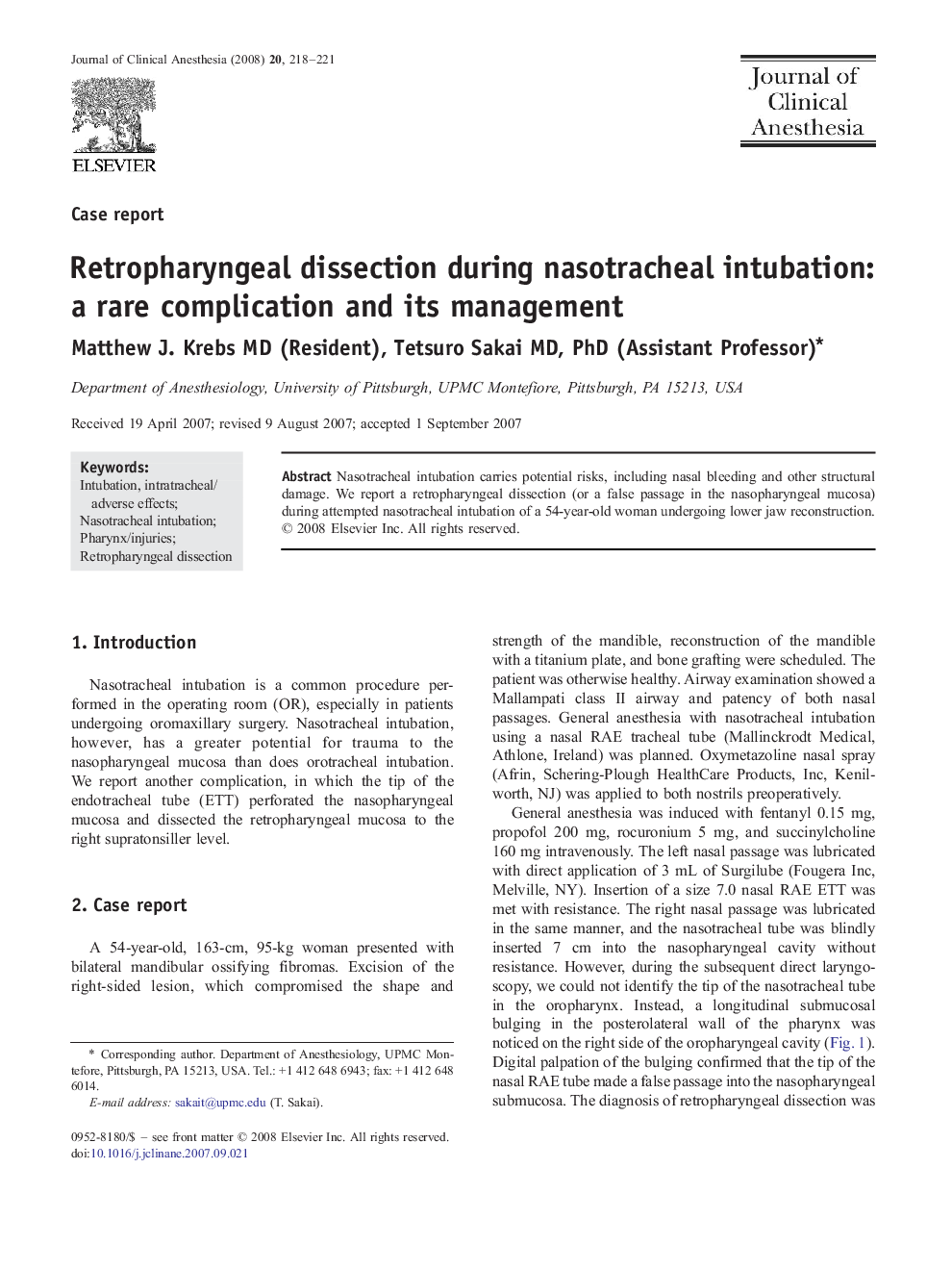 Retropharyngeal dissection during nasotracheal intubation: a rare complication and its management