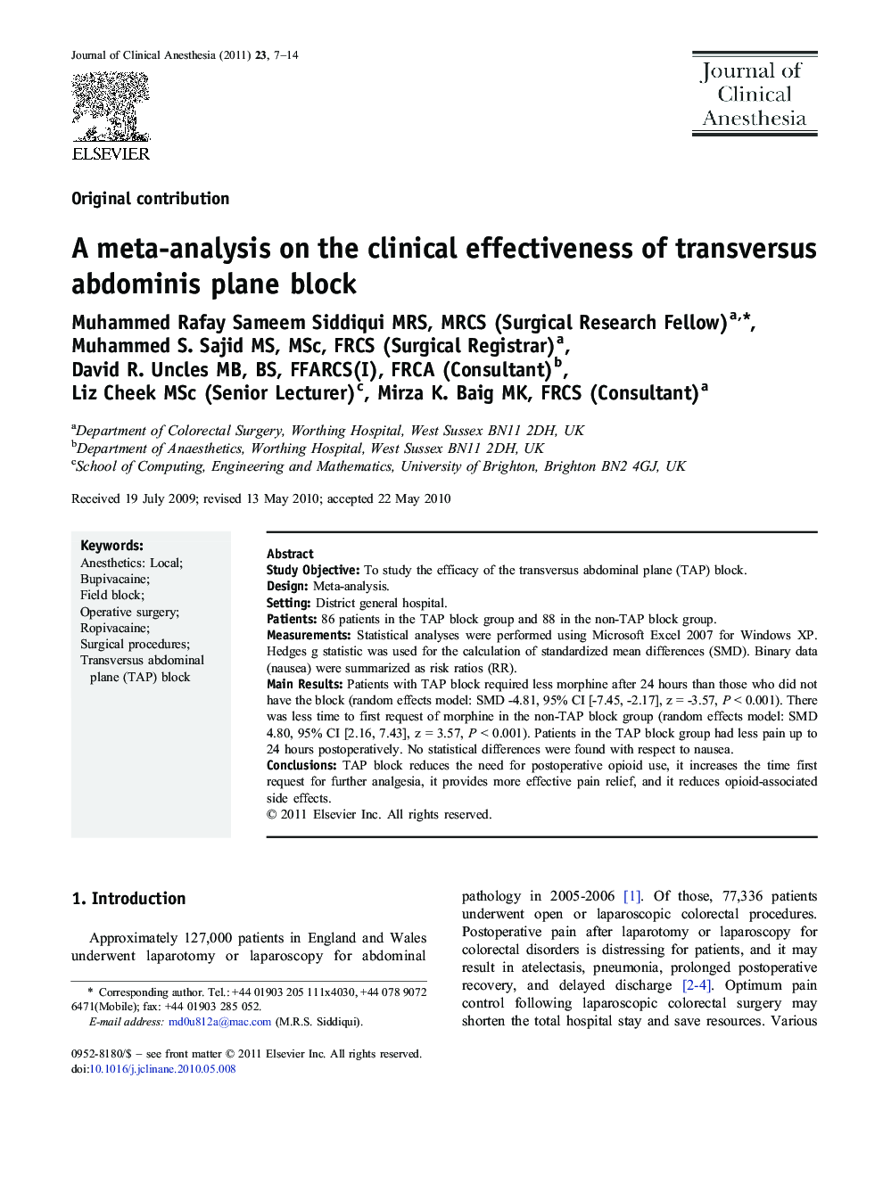 A meta-analysis on the clinical effectiveness of transversus abdominis plane block