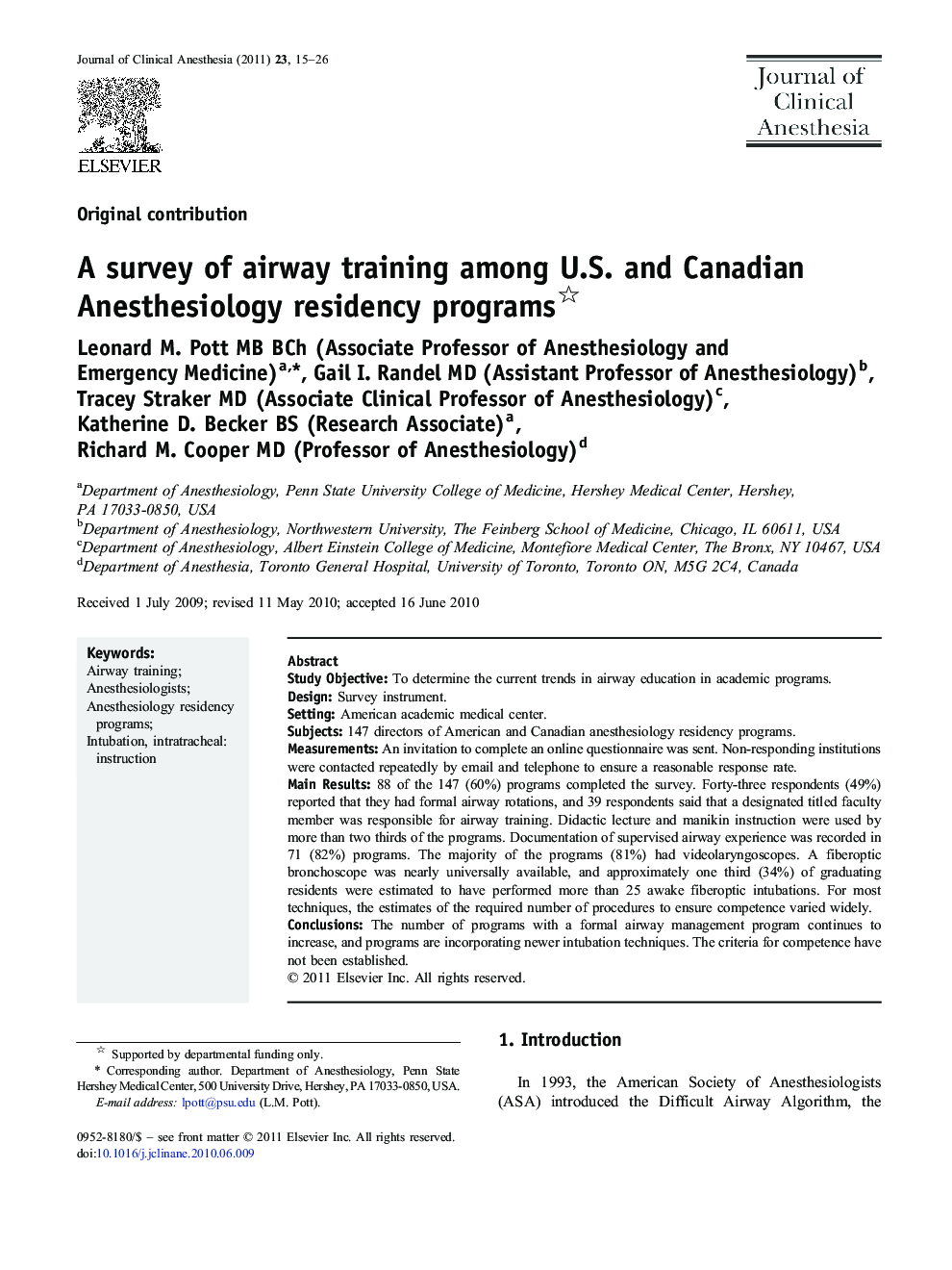 A survey of airway training among U.S. and Canadian Anesthesiology residency programs 