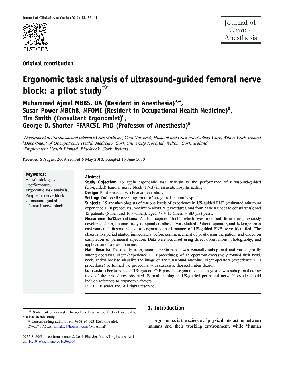 Ergonomic task analysis of ultrasound-guided femoral nerve block: a pilot study 