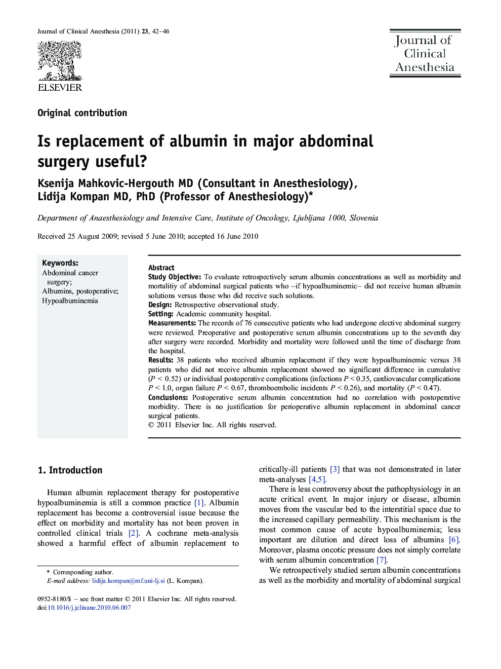 Is replacement of albumin in major abdominal surgery useful?