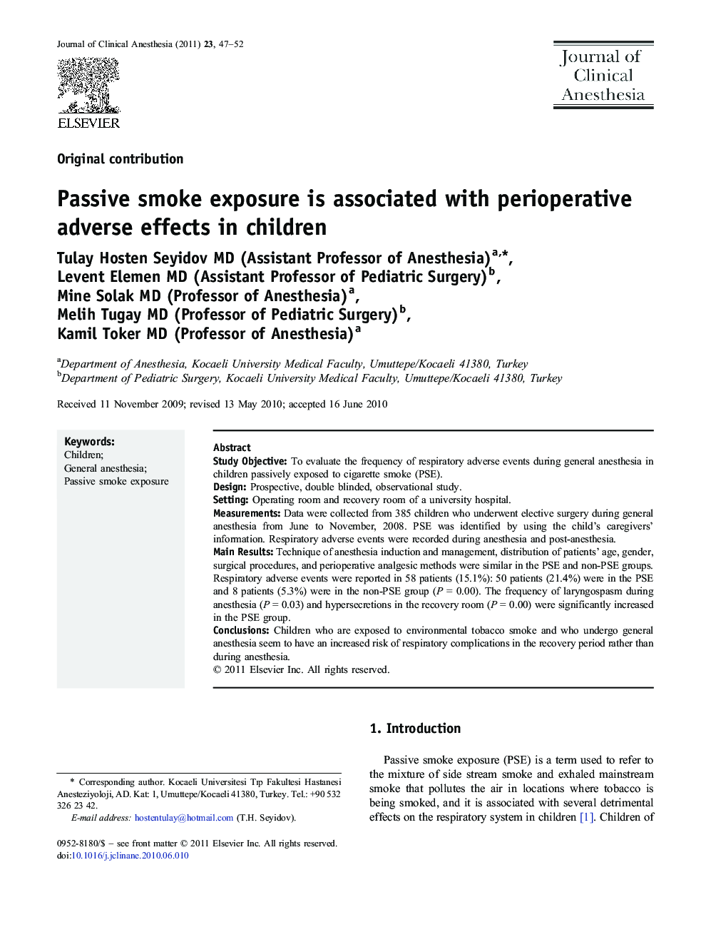 Passive smoke exposure is associated with perioperative adverse effects in children