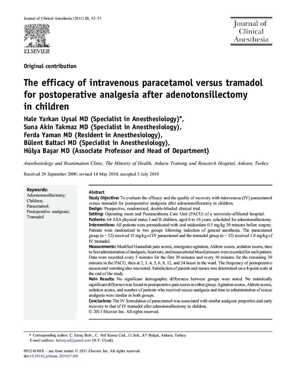 The efficacy of intravenous paracetamol versus tramadol for postoperative analgesia after adenotonsillectomy in children