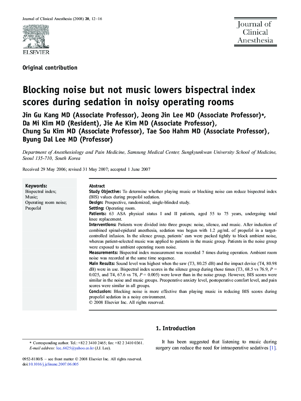 Blocking noise but not music lowers bispectral index scores during sedation in noisy operating rooms