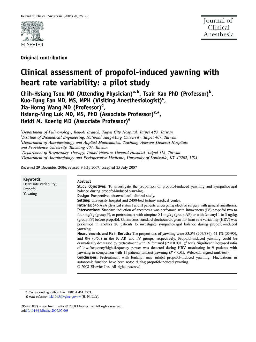 Clinical assessment of propofol-induced yawning with heart rate variability: a pilot study