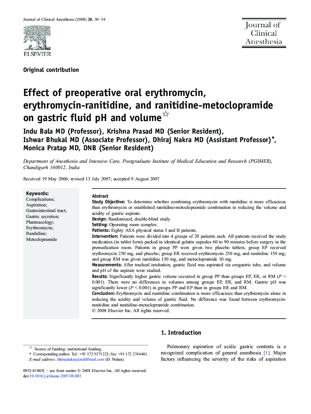 Effect of preoperative oral erythromycin, erythromycin-ranitidine, and ranitidine-metoclopramide on gastric fluid pH and volume 