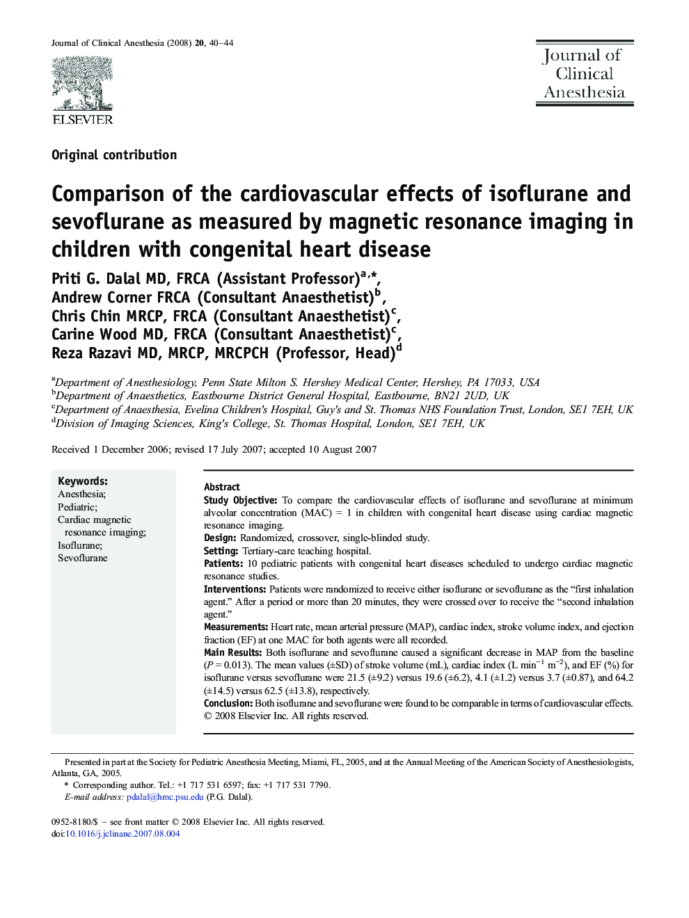 Comparison of the cardiovascular effects of isoflurane and sevoflurane as measured by magnetic resonance imaging in children with congenital heart disease 