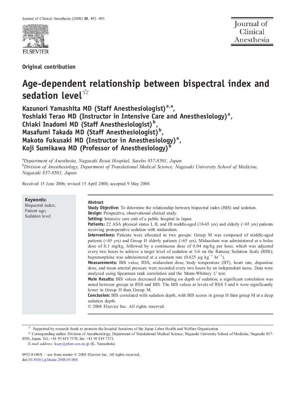 Age-dependent relationship between bispectral index and sedation level 