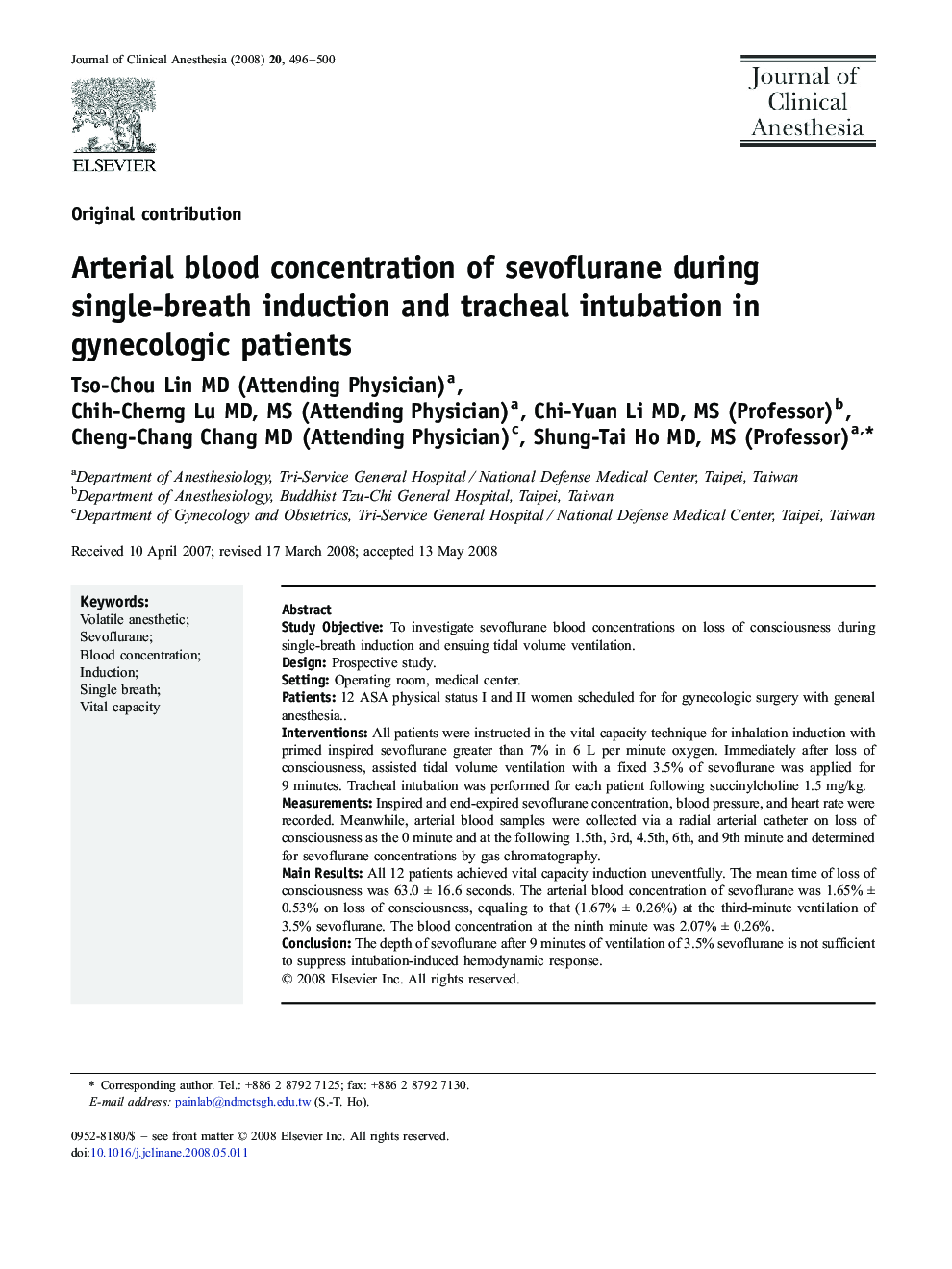Arterial blood concentration of sevoflurane during single-breath induction and tracheal intubation in gynecologic patients