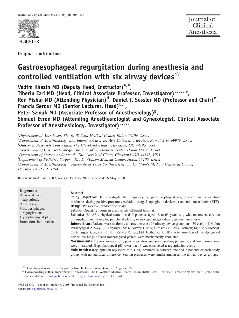 Gastroesophageal regurgitation during anesthesia and controlled ventilation with six airway devices 