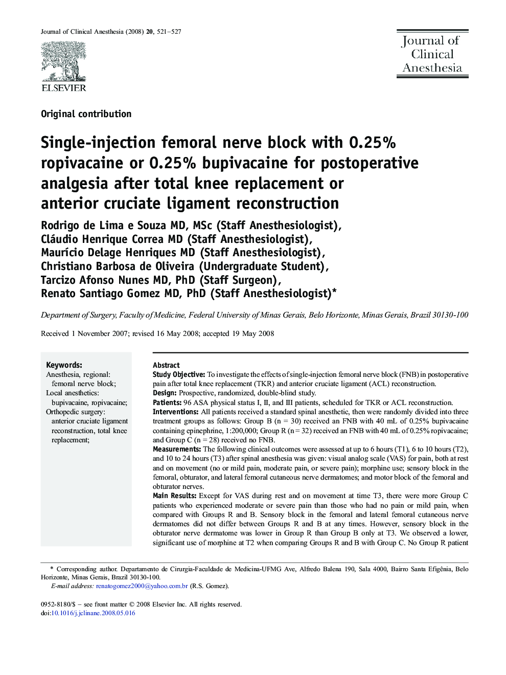 Single-injection femoral nerve block with 0.25% ropivacaine or 0.25% bupivacaine for postoperative analgesia after total knee replacement or anterior cruciate ligament reconstruction