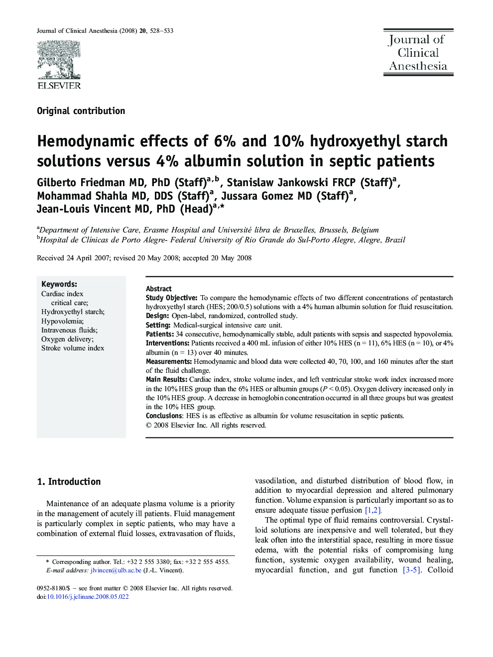 Hemodynamic effects of 6% and 10% hydroxyethyl starch solutions versus 4% albumin solution in septic patients