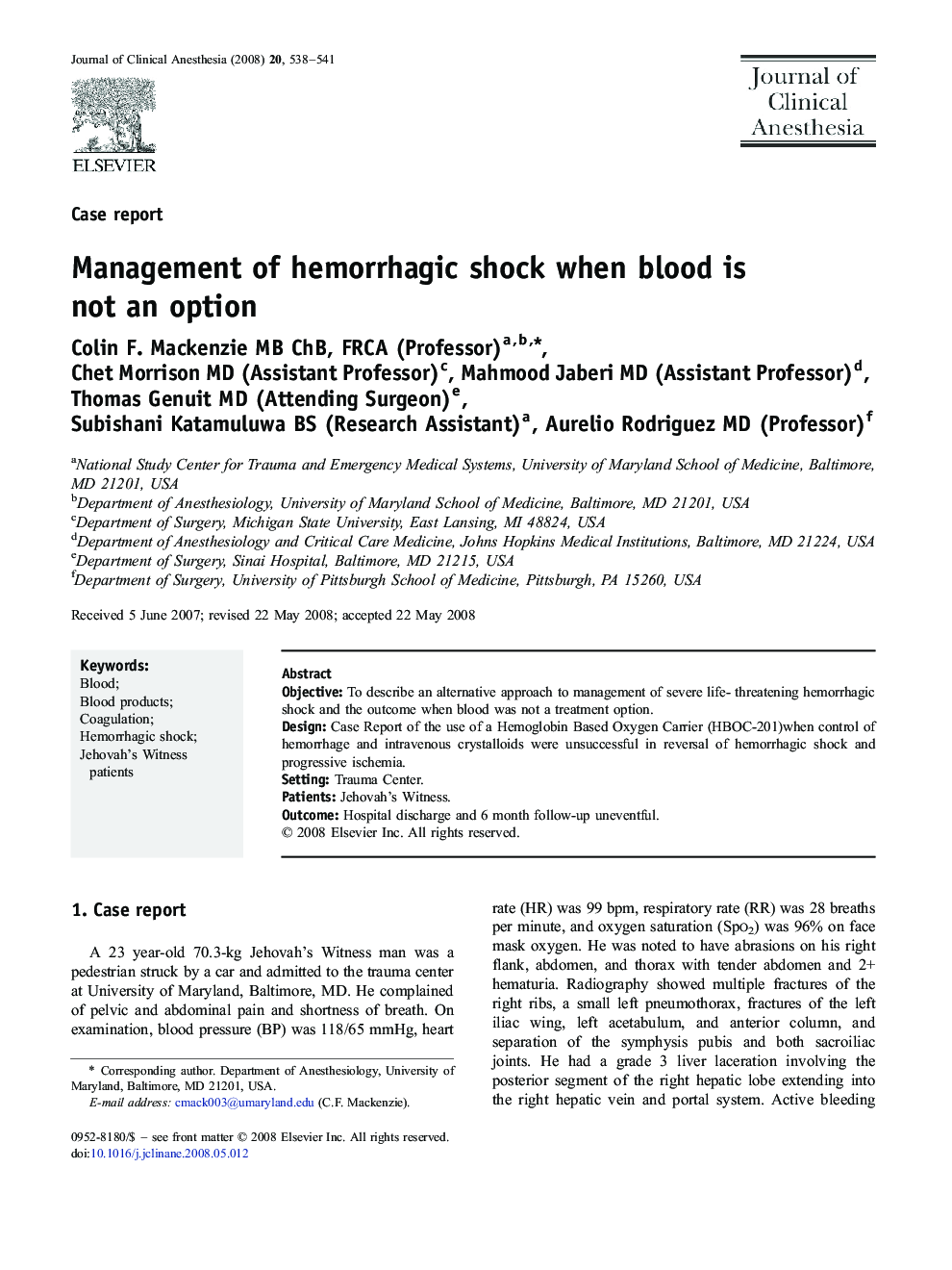 Management of hemorrhagic shock when blood is not an option