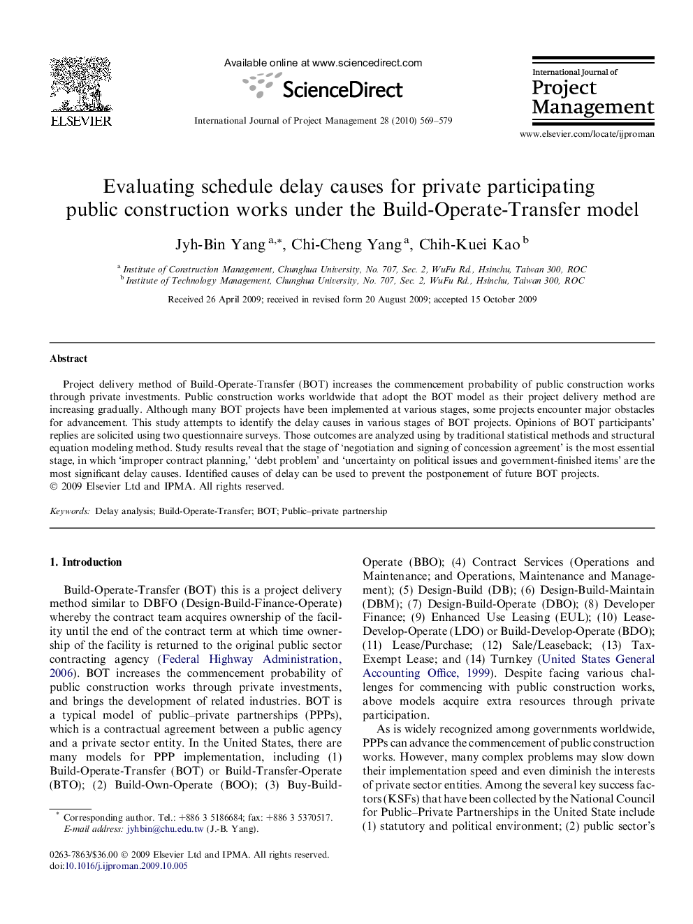 Evaluating schedule delay causes for private participating public construction works under the Build-Operate-Transfer model