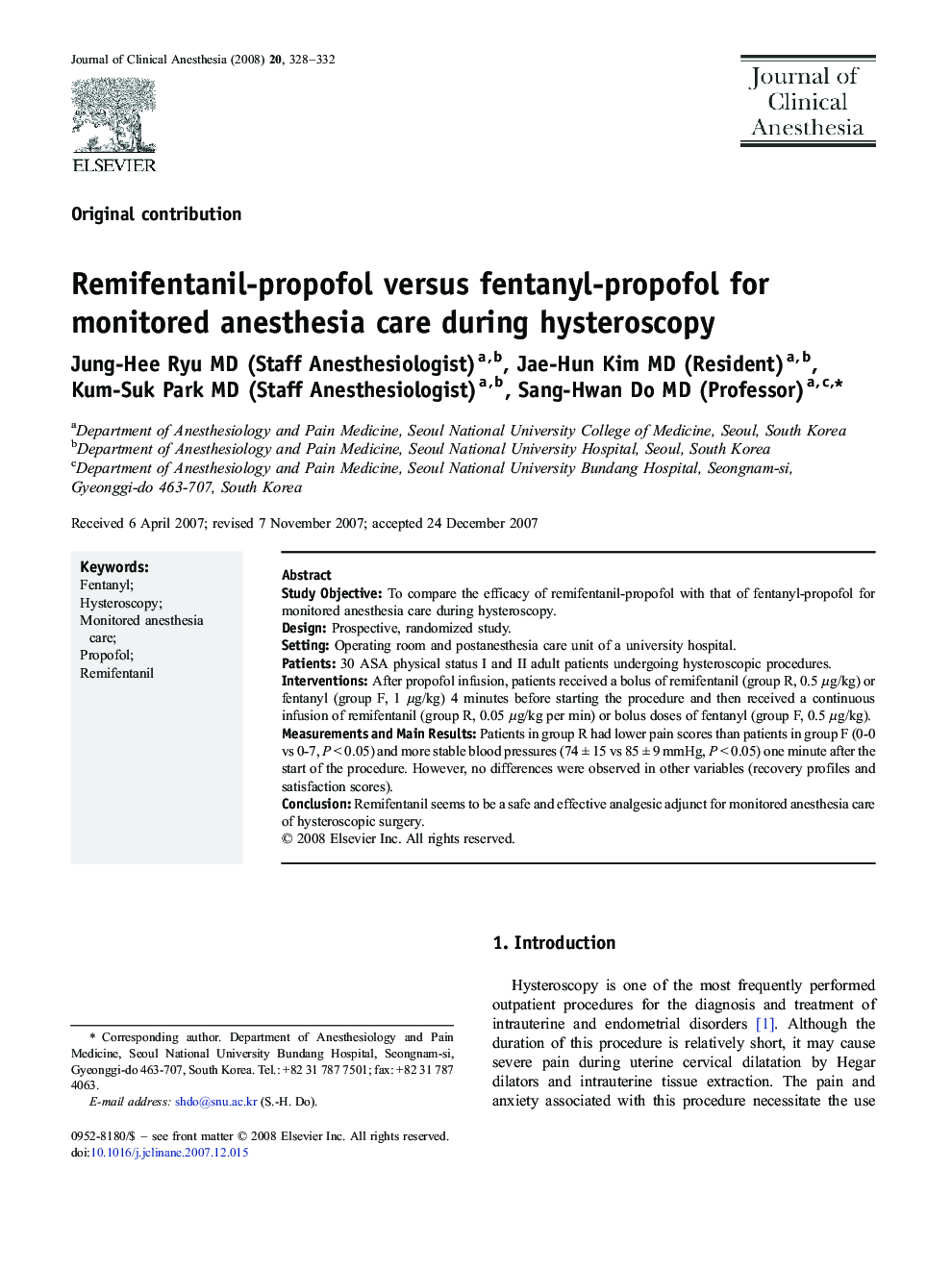 Remifentanil-propofol versus fentanyl-propofol for monitored anesthesia care during hysteroscopy