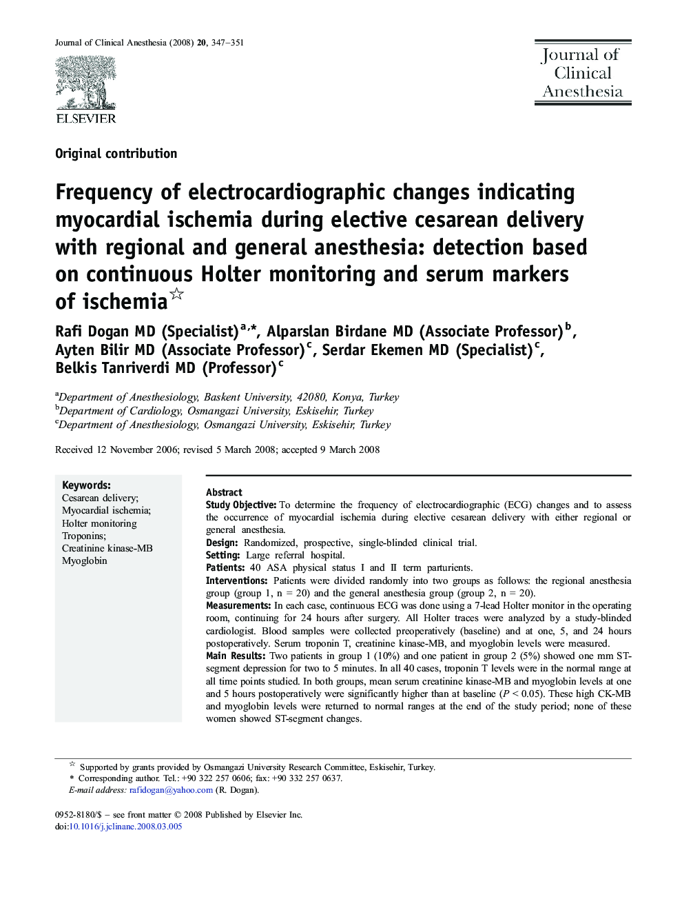 Frequency of electrocardiographic changes indicating myocardial ischemia during elective cesarean delivery with regional and general anesthesia: detection based on continuous Holter monitoring and serum markers of ischemia 