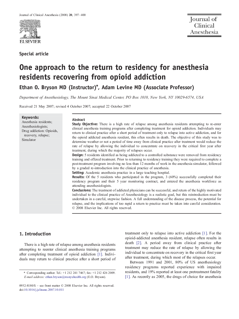 One approach to the return to residency for anesthesia residents recovering from opioid addiction