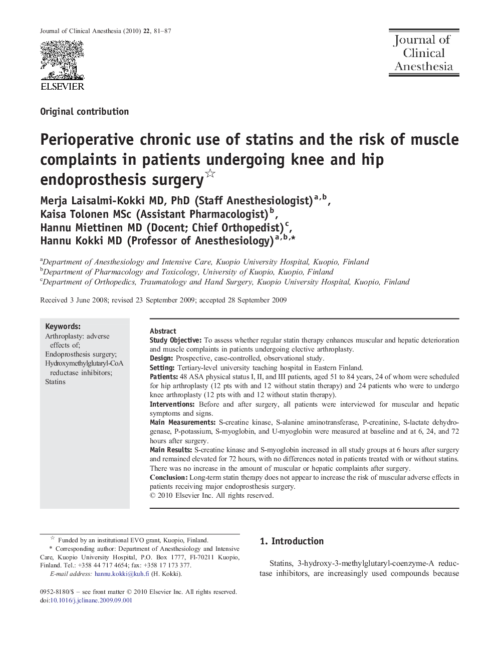 Perioperative chronic use of statins and the risk of muscle complaints in patients undergoing knee and hip endoprosthesis surgery 