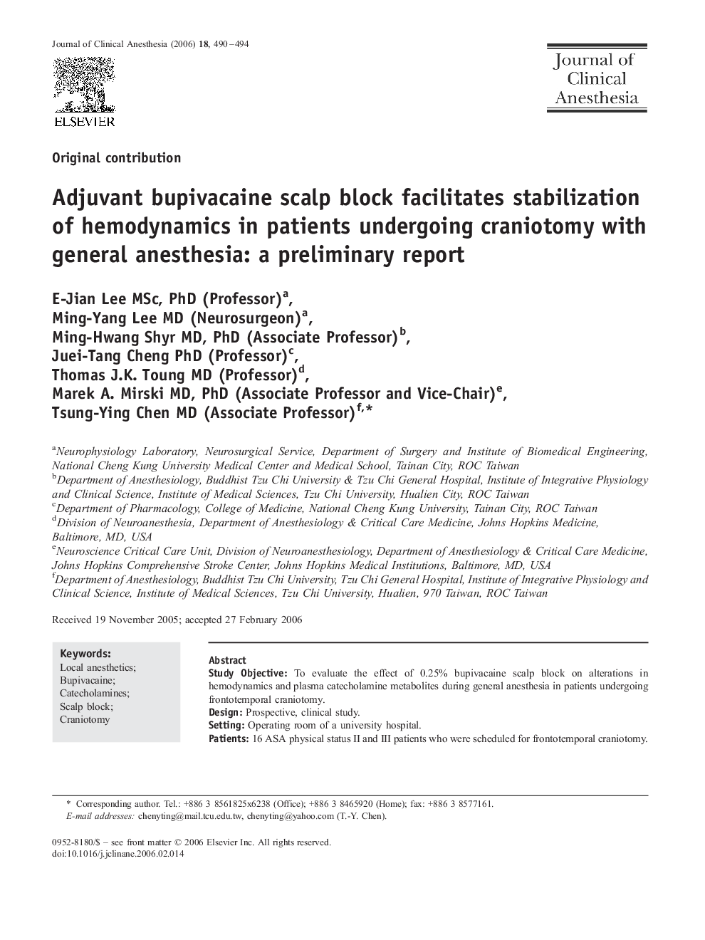 Adjuvant bupivacaine scalp block facilitates stabilization of hemodynamics in patients undergoing craniotomy with general anesthesia: a preliminary report