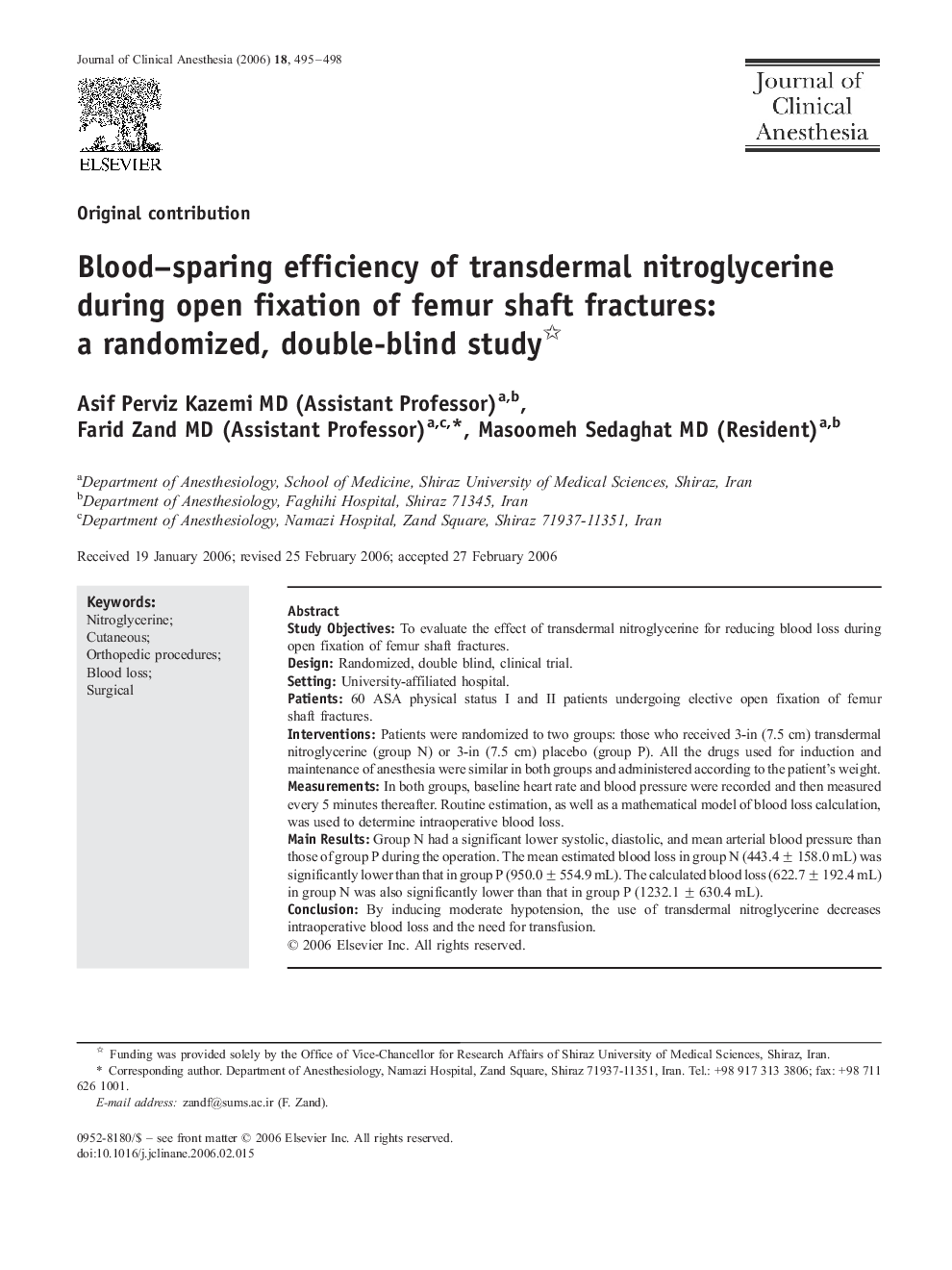 Blood–sparing efficiency of transdermal nitroglycerine during open fixation of femur shaft fractures: a randomized, double-blind study 