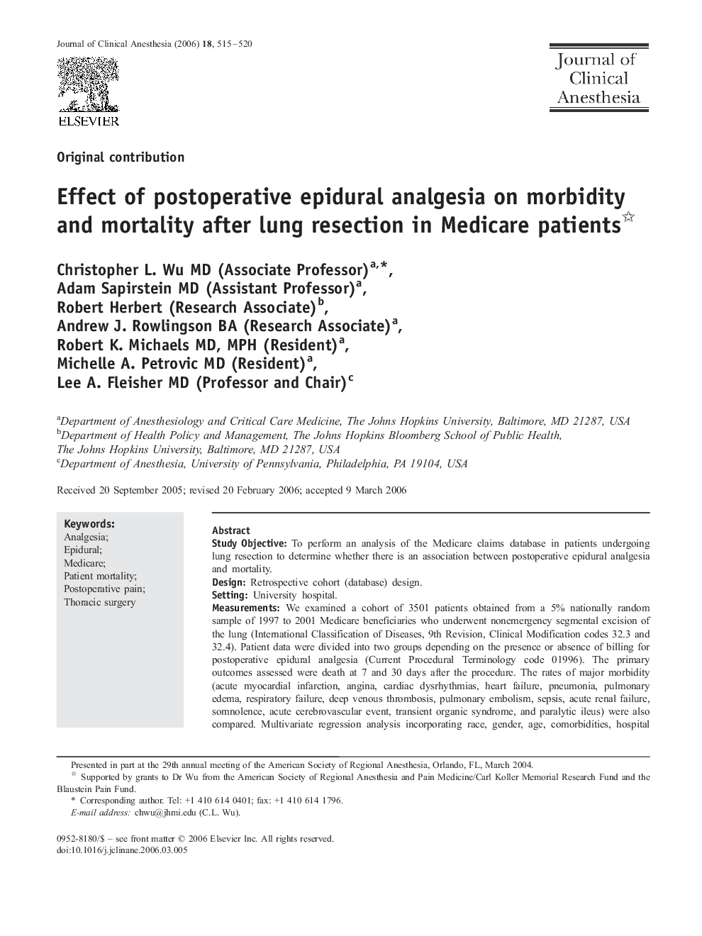 Effect of postoperative epidural analgesia on morbidity and mortality after lung resection in Medicare patients 