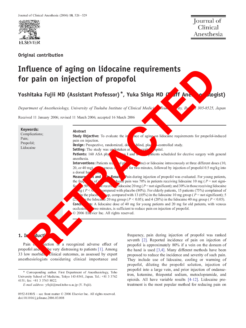 RETRACTED: Influence of aging on lidocaine requirements for pain on injection of propofol