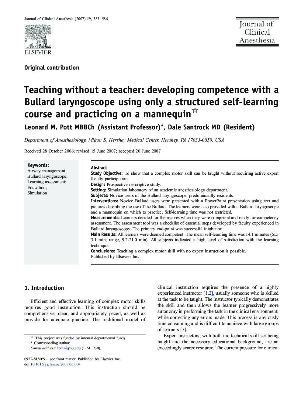 Teaching without a teacher: developing competence with a Bullard laryngoscope using only a structured self-learning course and practicing on a mannequin 