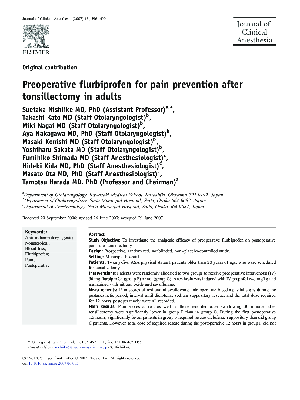 Preoperative flurbiprofen for pain prevention after tonsillectomy in adults