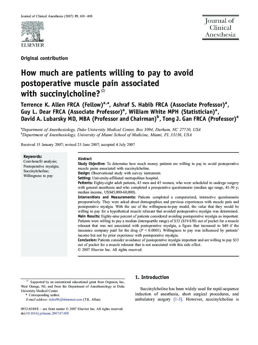 How much are patients willing to pay to avoid postoperative muscle pain associated with succinylcholine? 