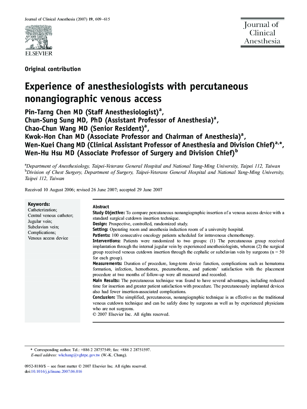 Experience of anesthesiologists with percutaneous nonangiographic venous access