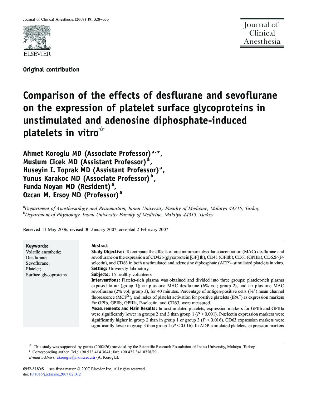 Comparison of the effects of desflurane and sevoflurane on the expression of platelet surface glycoproteins in unstimulated and adenosine diphosphate-induced platelets in vitro⋆