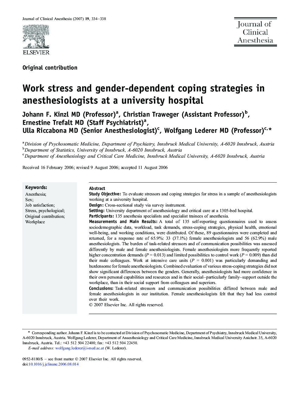 Work stress and gender-dependent coping strategies in anesthesiologists at a university hospital