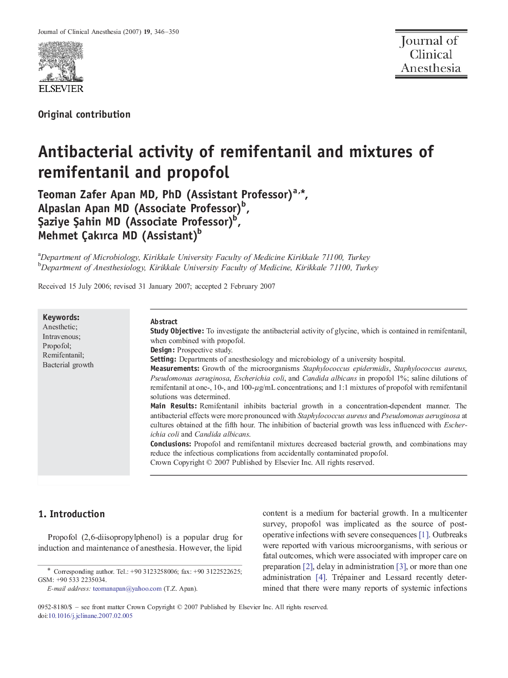 Antibacterial activity of remifentanil and mixtures of remifentanil and propofol