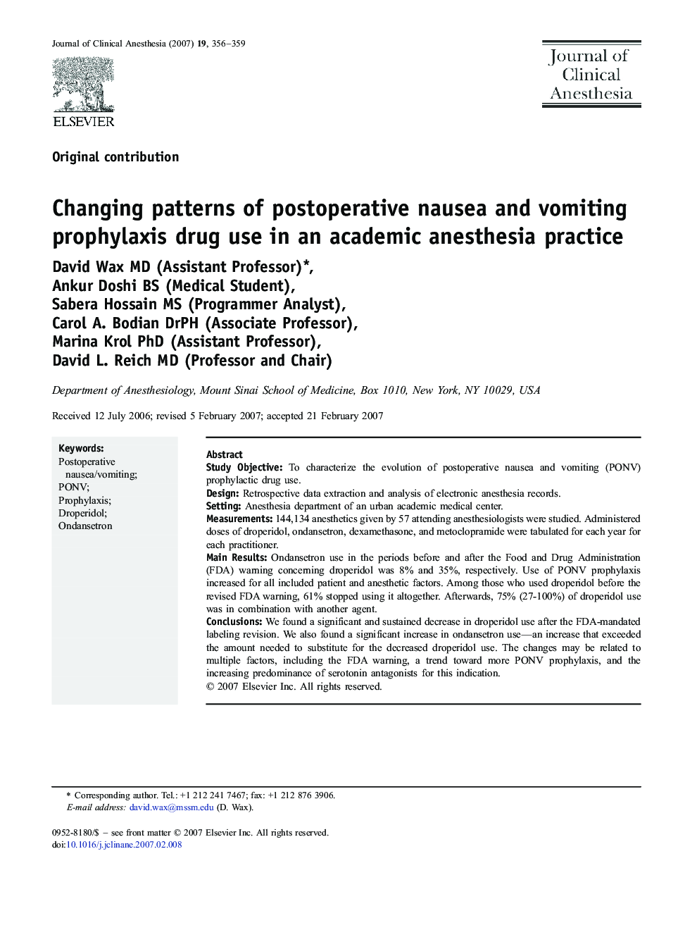 Changing patterns of postoperative nausea and vomiting prophylaxis drug use in an academic anesthesia practice